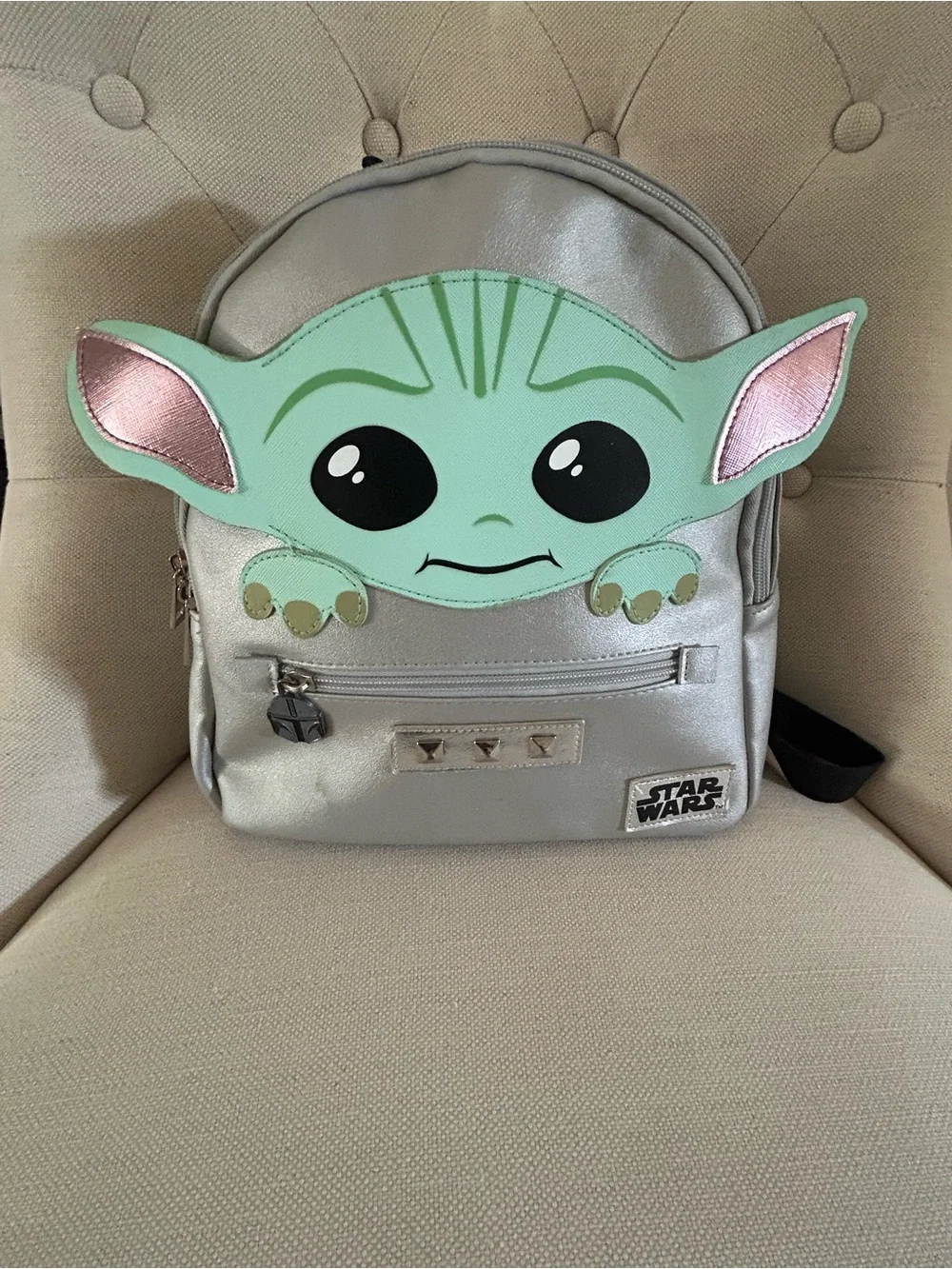 Star Wars Silver Backpack with Mint Green Grogu Face and Pink Ear Accents
